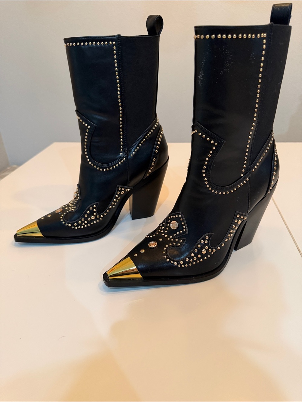 Black Studded Western Heeled Boots with Gold Toe Caps - Picture 2 of 6